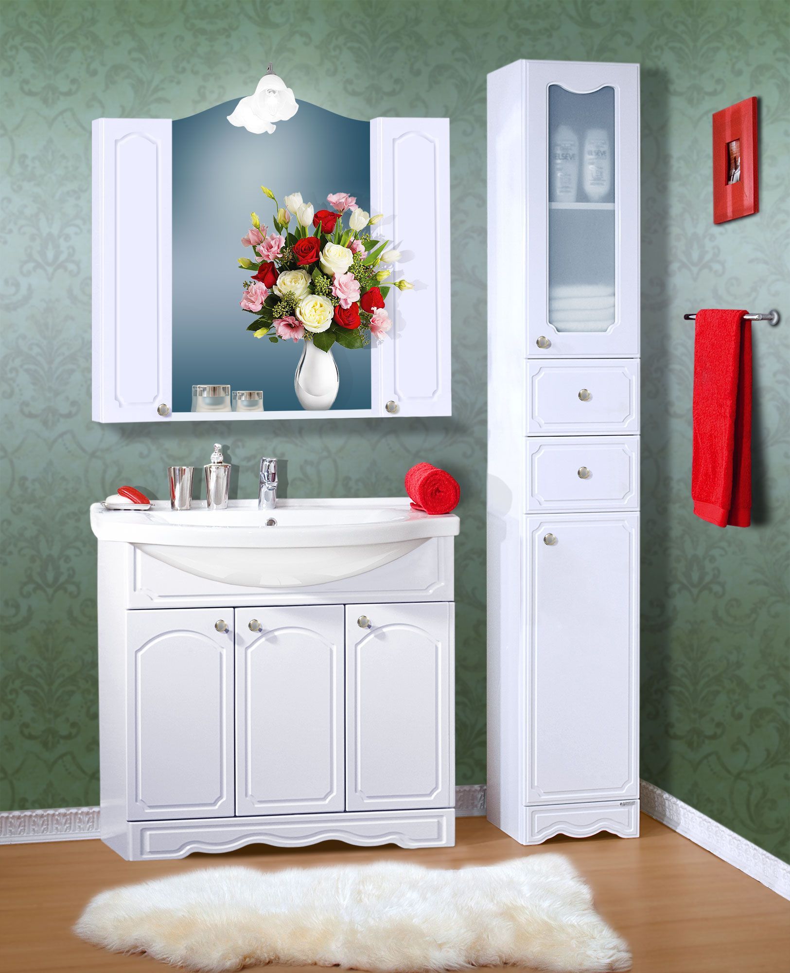 Мебель для ванной Бриклаер Лючия 90 белая, зеркало с двумя шкафчиками