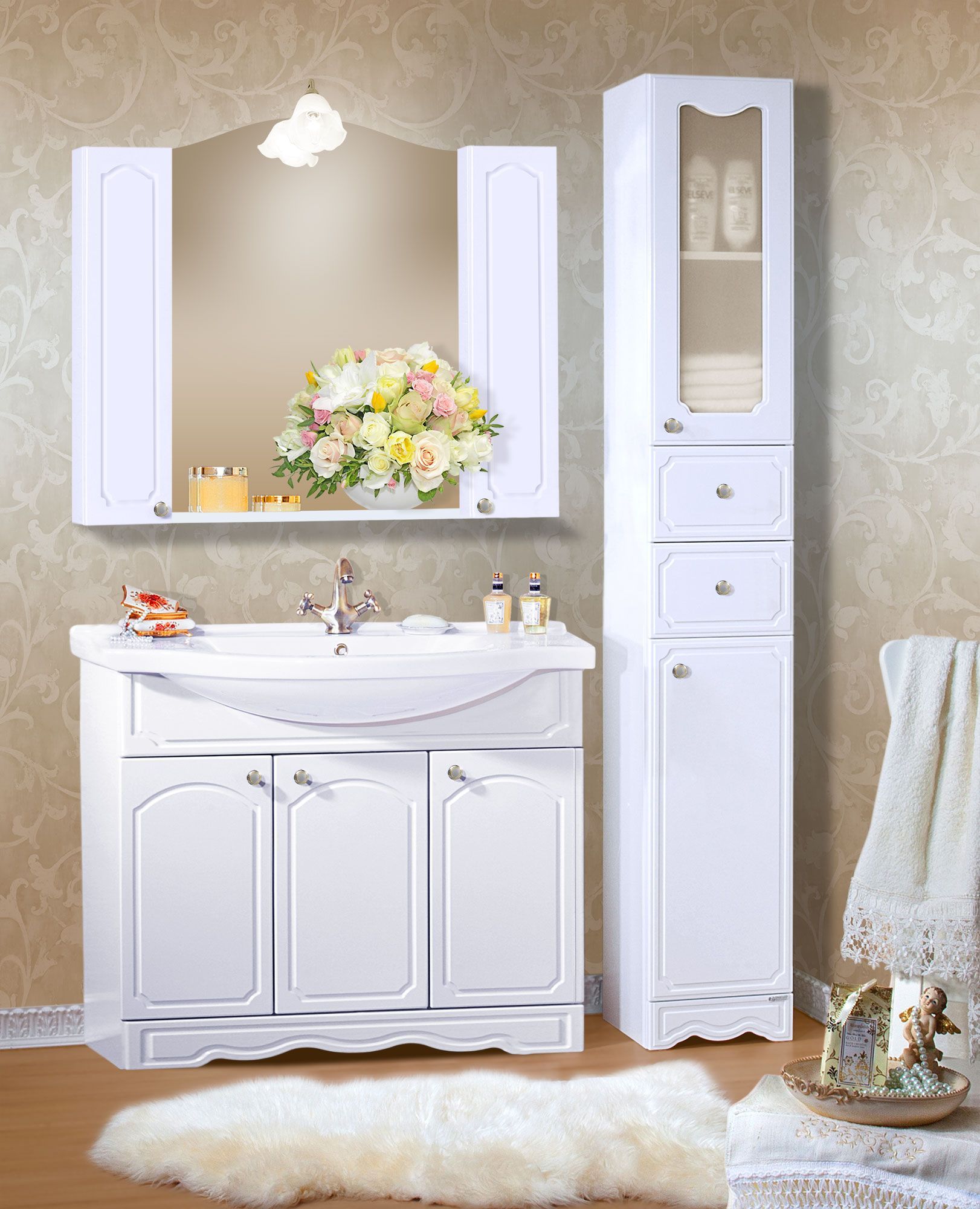 Мебель для ванной Бриклаер Лючия 100 белая, зеркало с двумя шкафчиками