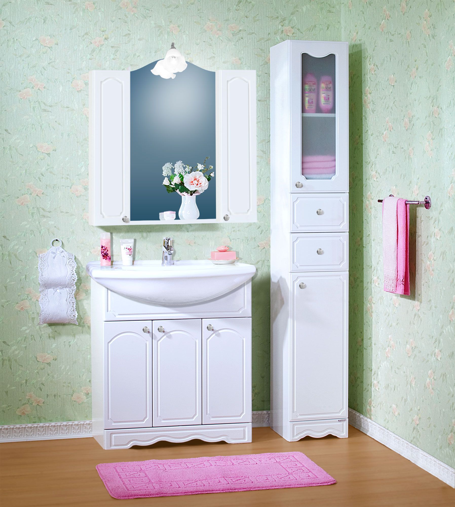 Мебель для ванной Бриклаер Лючия 80 белая, зеркало с двумя шкафчиками